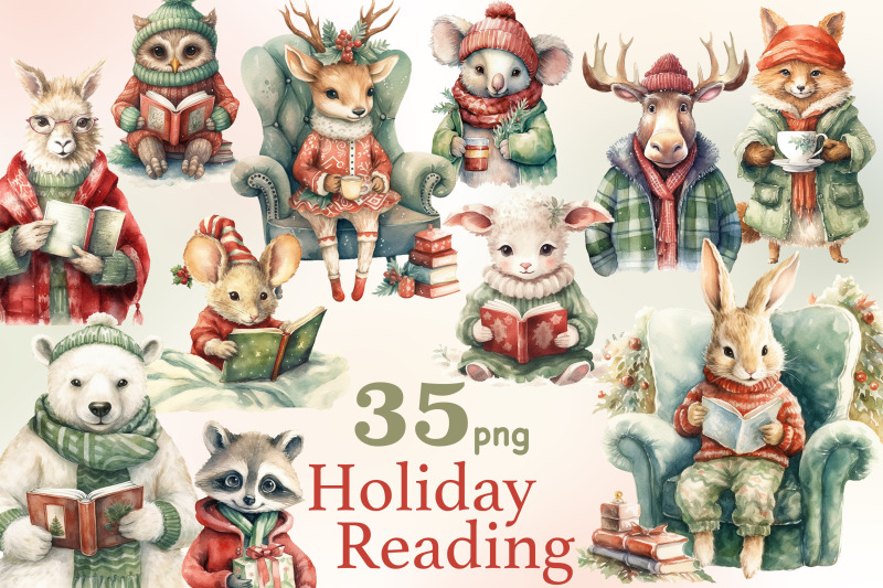 holiday-reading-animals-clipart-woodland-illustration-png