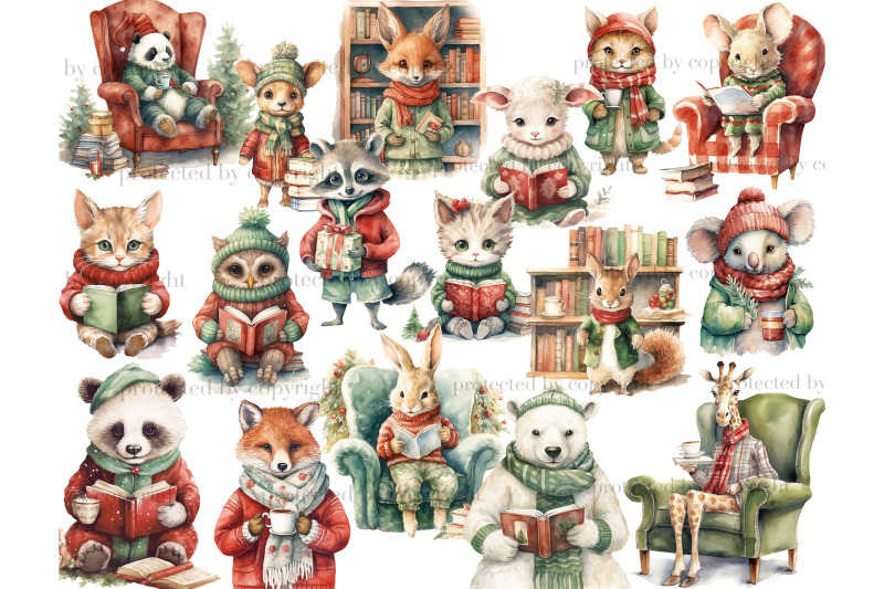 holiday-reading-animals-clipart-woodland-illustration-png