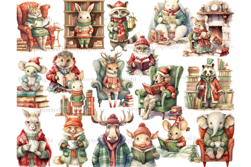 holiday-reading-animals-clipart-woodland-illustration-png