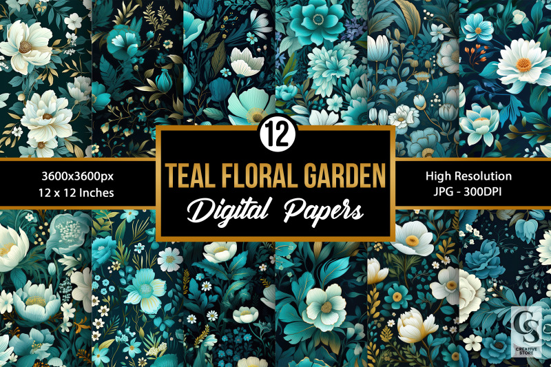 teal-flowers-garden-digital-papers