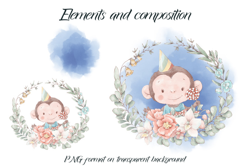 cute-monkey-in-a-wreath-of-flowers-design-for-printing