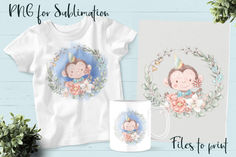 cute-monkey-in-a-wreath-of-flowers-design-for-printing