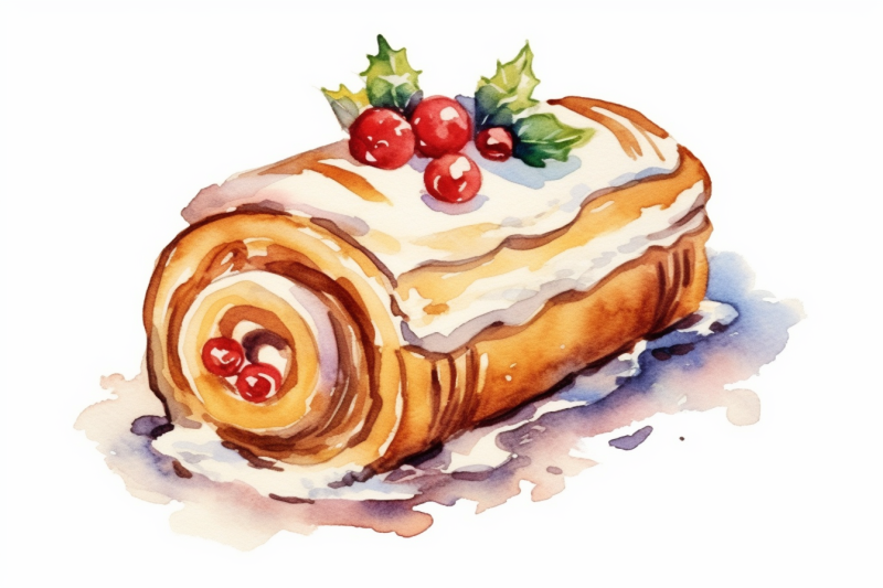watercolor-christmas-yule-log-cake