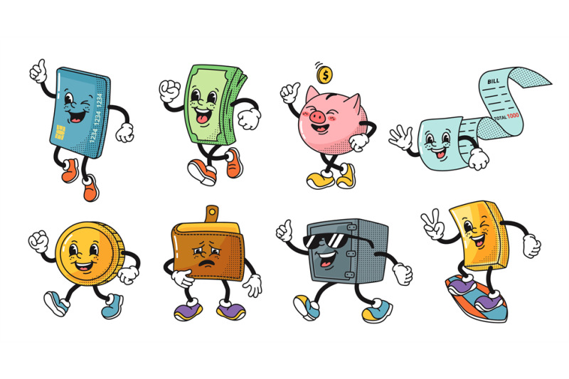 cartoon-banking-mascots-money-bank-card-wallet-and-safe-characters