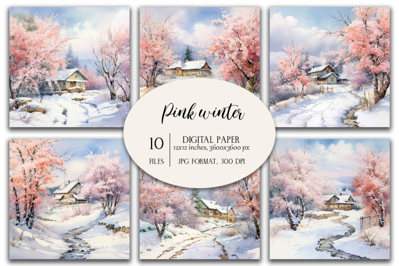 watercolor-pink-winter-landscape-christmas-backgrounds-digital-paper