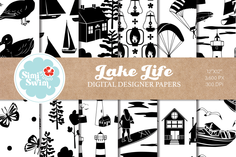 lake-life-black-silhouette-digital-papers-lake-pattern-bundle-water
