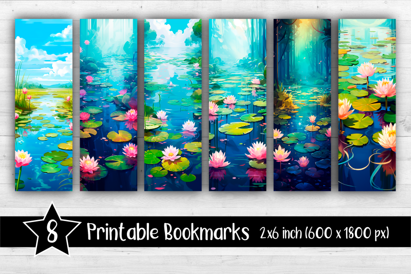 8-water-lilies-bookmarks-printable-2x6-inch