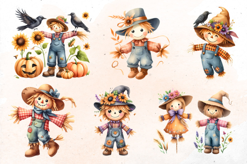 watercolor-scarecrows-bundle-png-cliparts