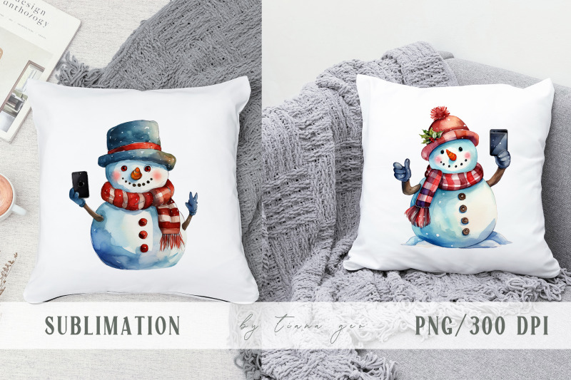 watercolor-snowmen-taking-selfies-clipart-3-png-files