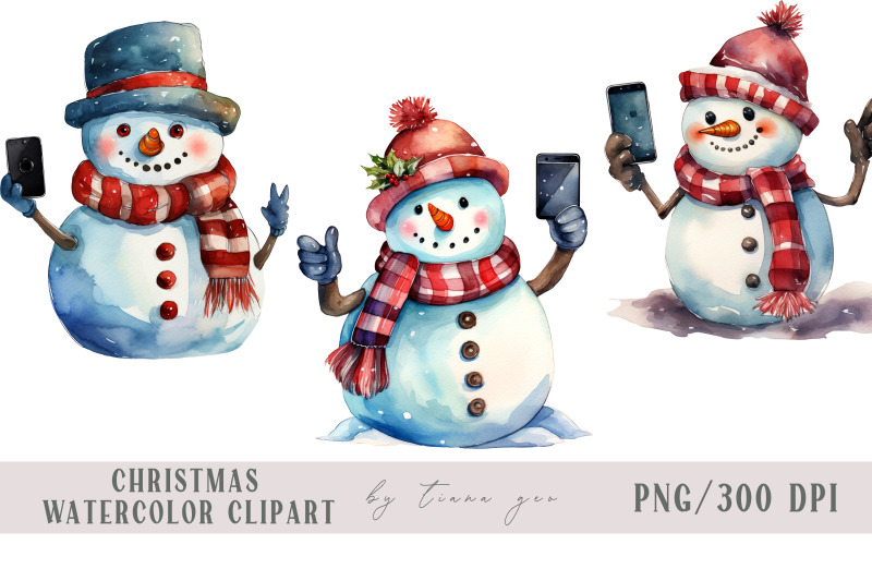 watercolor-snowmen-taking-selfies-clipart-3-png-files