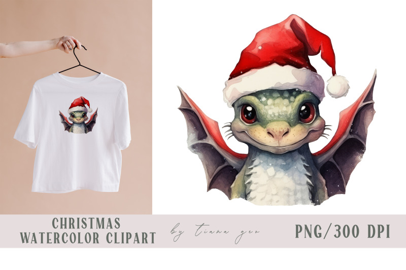 watercolor-christmas-black-dragon-with-santas-hat-1-png