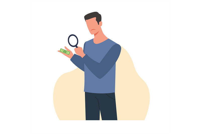 man-looks-through-magnifying-glass-at-small-bill-frustrated-by-small