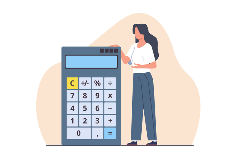 woman-stands-next-to-calculator-electronic-device-for-counting-finan