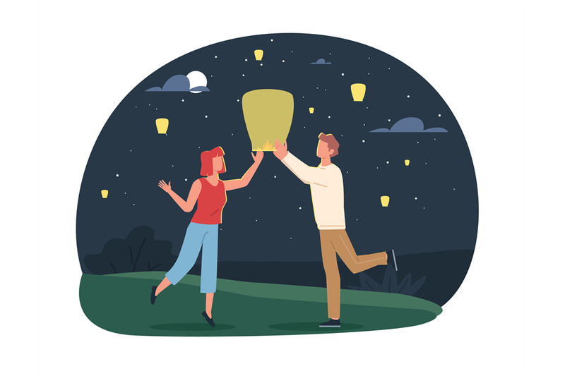 couple-in-love-launch-lantern-into-night-sky-traditional-indian-or-ch