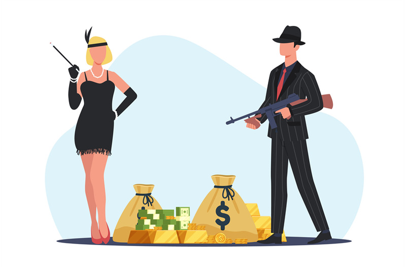 bonnie-and-clyde-are-standing-near-bags-of-money-and-gold-bars-retro