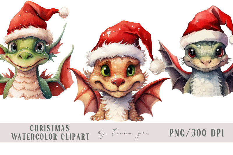 watercolor-christmas-dragon-with-santas-hat-3-png-clipart