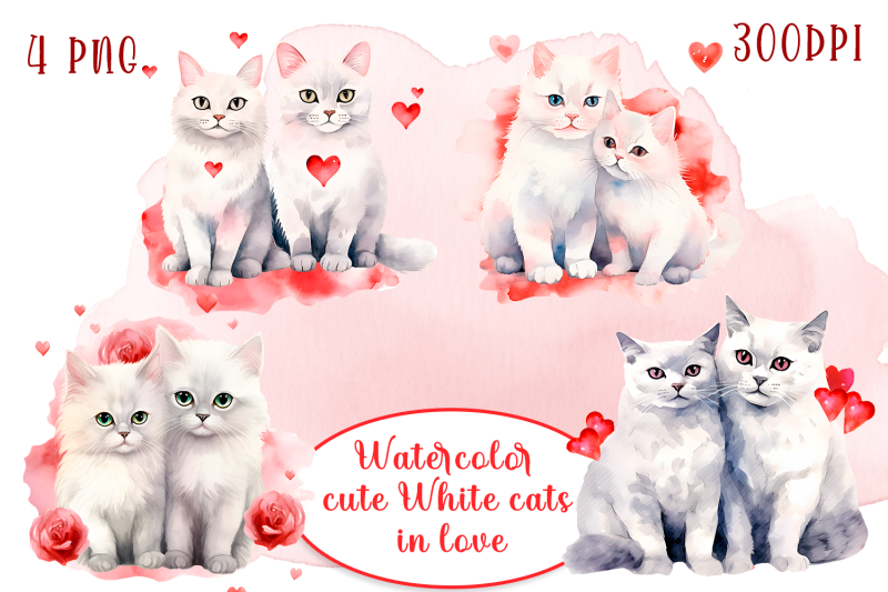 white-cats-in-love-watercolor-sublimation-clipart-png