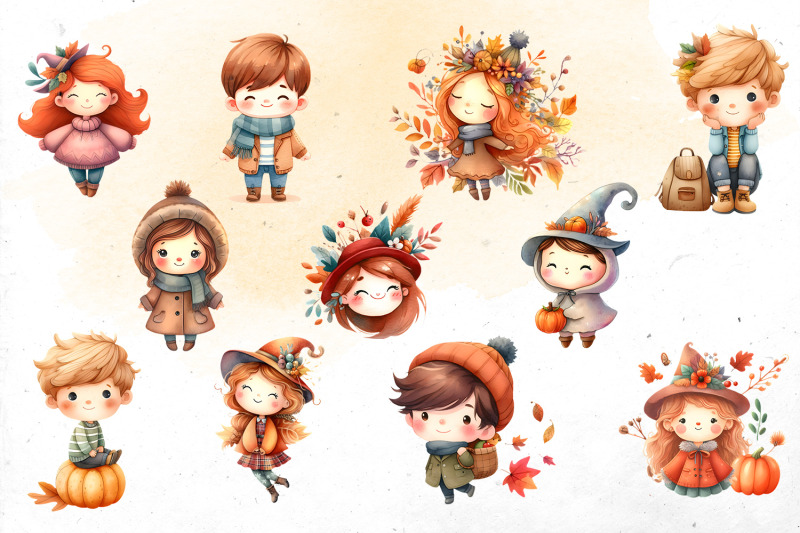 fall-kids-watercolor-bundle-png-cliparts