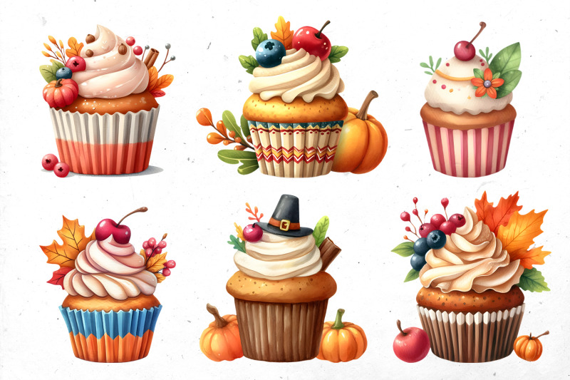thanksgiving-cupcakes-watercolor-bundle-png-cliparts