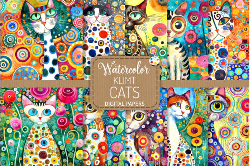 klimt-cats-set-4-watercolor-portrait-paintings