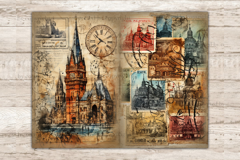 city-stamps-junk-journal-pages-vintage-collage-sheet