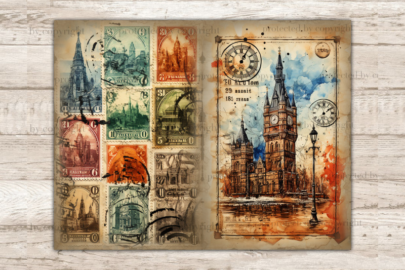 city-stamps-junk-journal-pages-vintage-collage-sheet