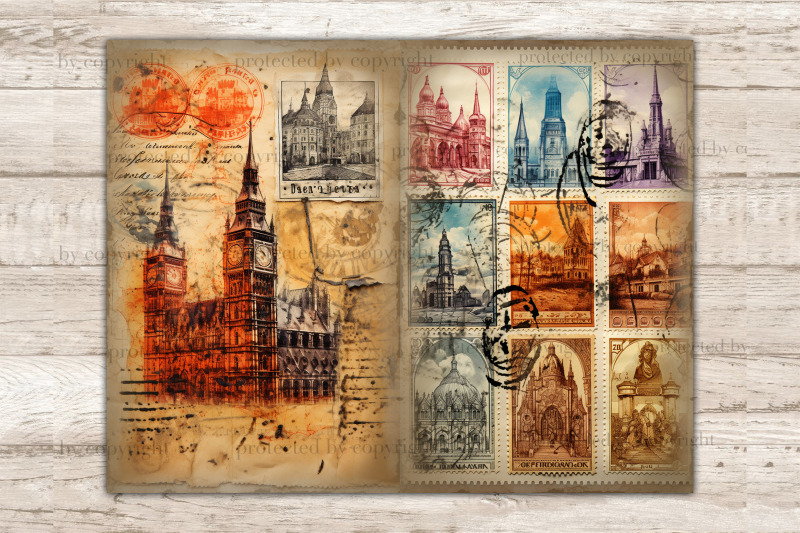 city-stamps-junk-journal-pages-vintage-collage-sheet