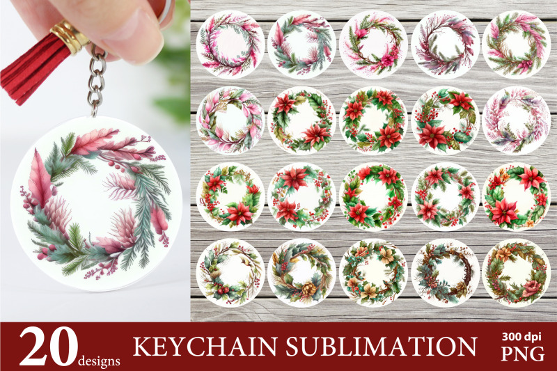 watercolor-wreath-bundle-christmas-round-keychain-sublimation-png