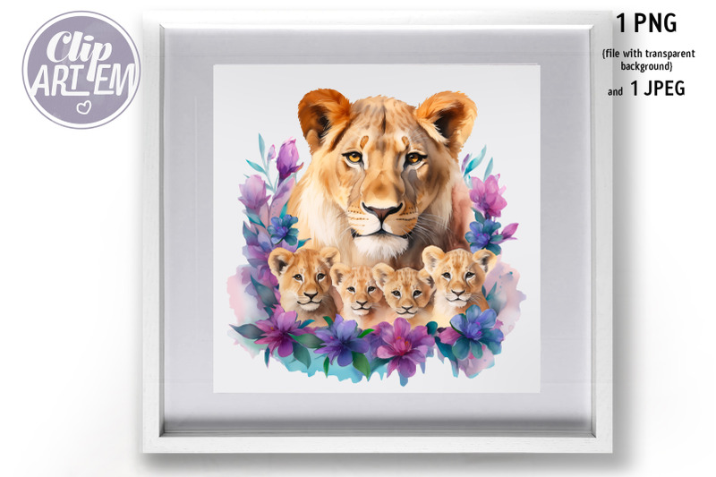 mother-lioness-with-4-baby-cubs-watercolor-flowers-image-png-transfer