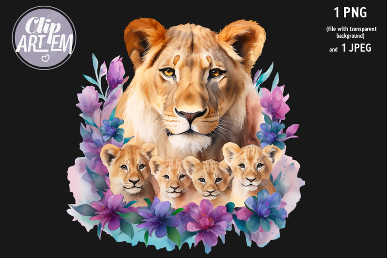 mother-lioness-with-4-baby-cubs-watercolor-flowers-image-png-transfer