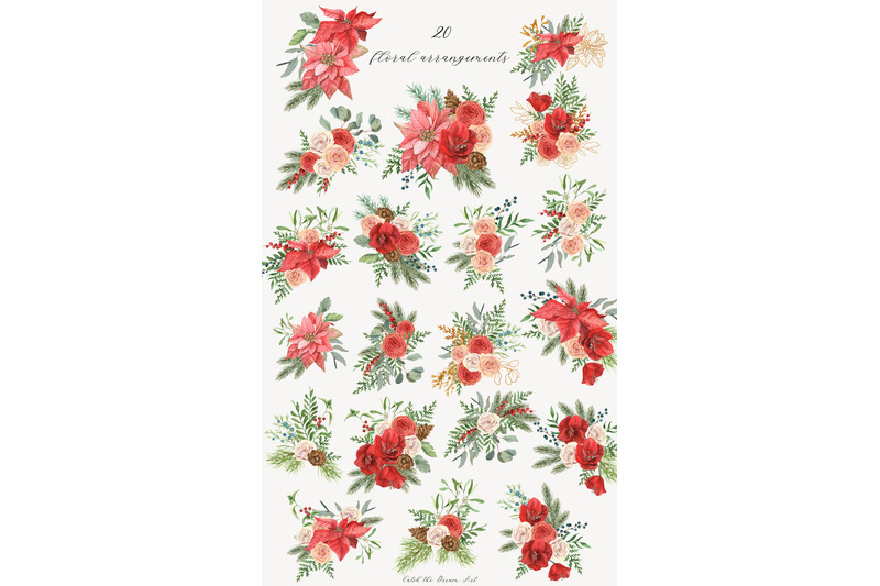 crimson-christmas-floral-bouquets-watercolor-clipart-winter-flowers