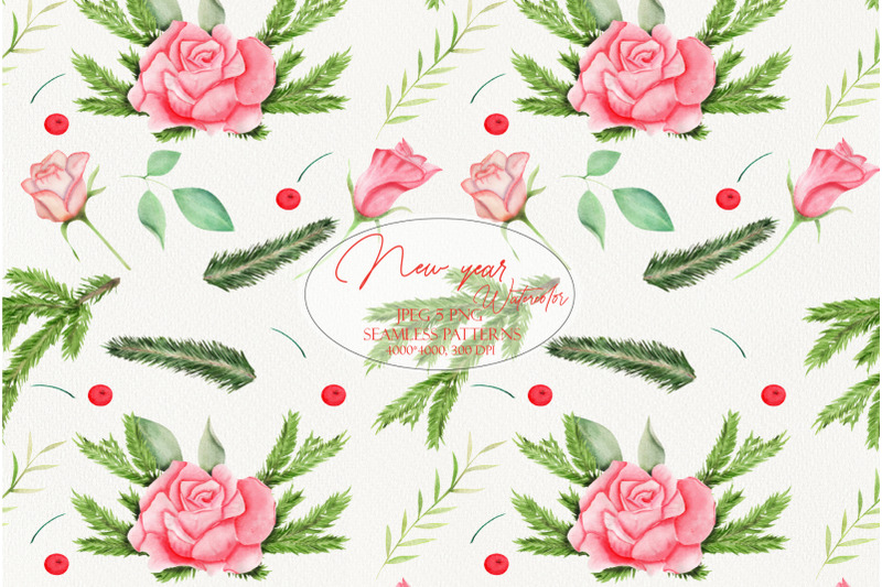 new-year-christmas-watercolor-bouquet-of-roses-seamless-pattern