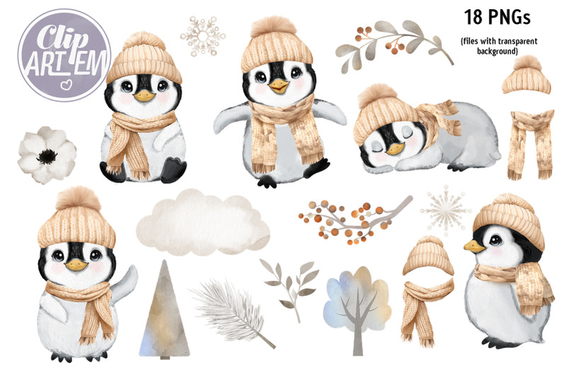 gender-neutral-baby-penguins-with-winter-hat-and-scarf-18-png-set