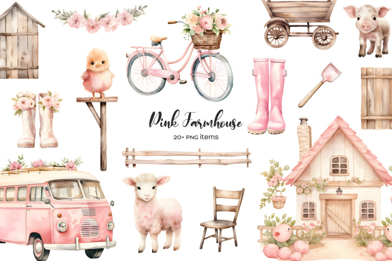 watercolor-pink-farmhouse-elements-clipart-pink-village-life-elements