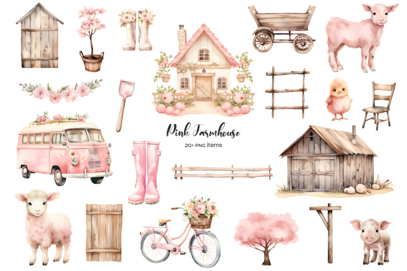 watercolor-pink-farmhouse-elements-clipart-pink-village-life-elements