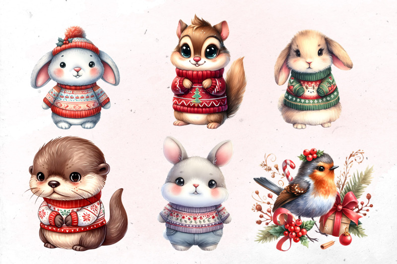 cute-watercolor-christmas-animals-bundle-png-cliparts