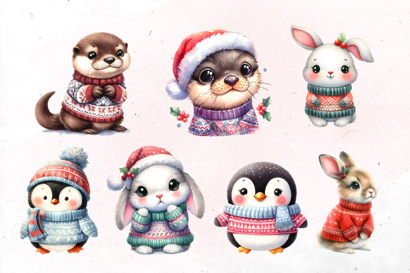cute-watercolor-christmas-animals-bundle-png-cliparts