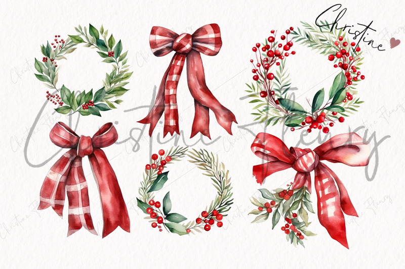 watercolor-christmas-wreaths-amp-bows-png