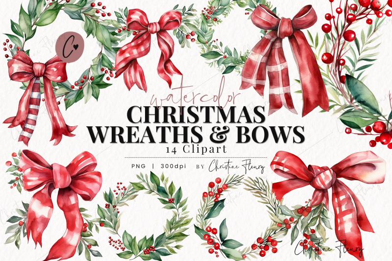 watercolor-christmas-wreaths-amp-bows-png