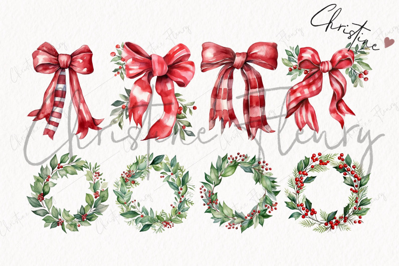 watercolor-christmas-wreaths-amp-bows-png