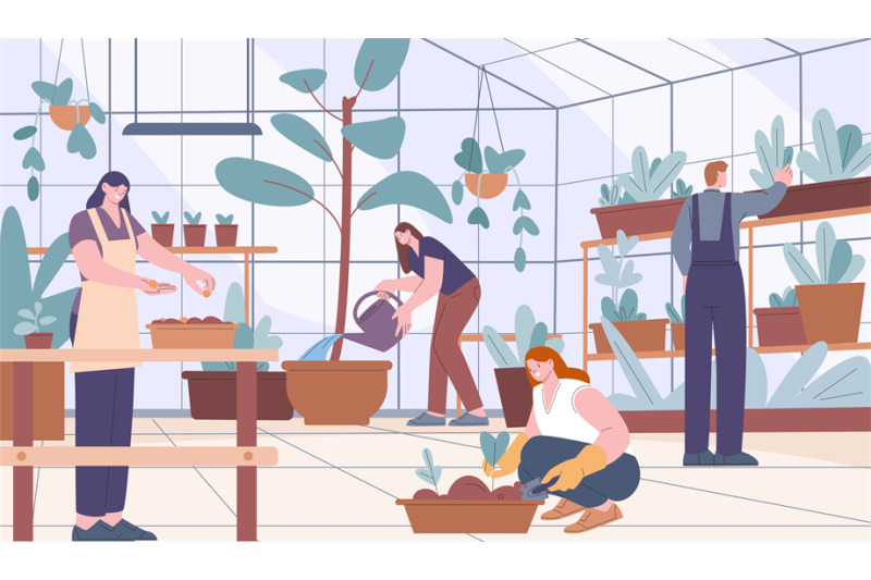 people-in-greenhouse-care-plants-and-flowers-summer-seeding-cartoon