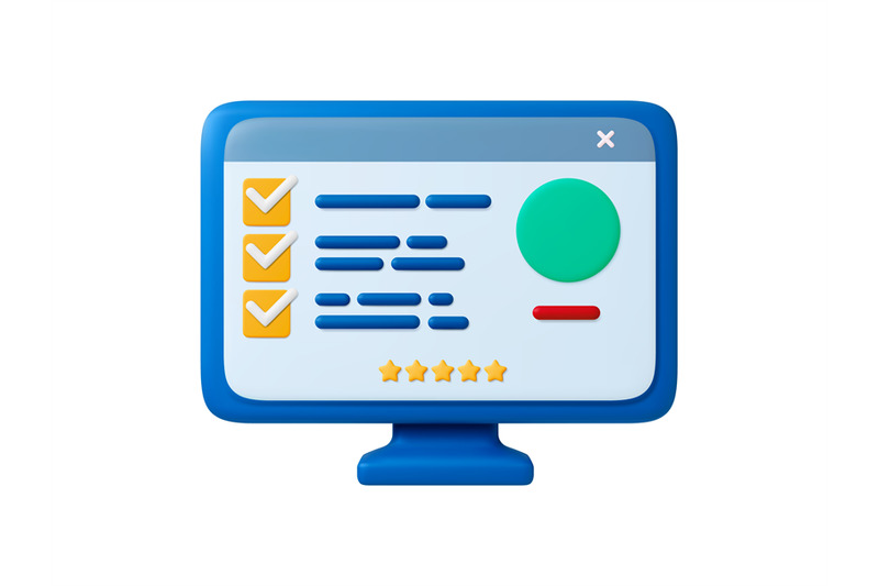 personal-page-with-review-3d-icon-test-or-survey-feedback-five-stars