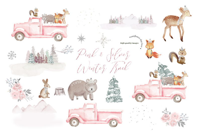 winter-truck-woodland-animals-clipart-christmas-mountain-tree