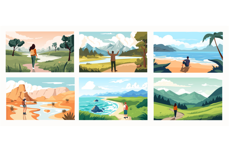 people-enjoying-landscape-view-cartoon-characters-hiking-and-camping