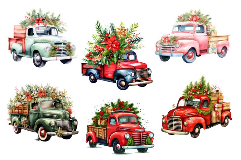 watercolor-christmas-truck-clipart-bundle