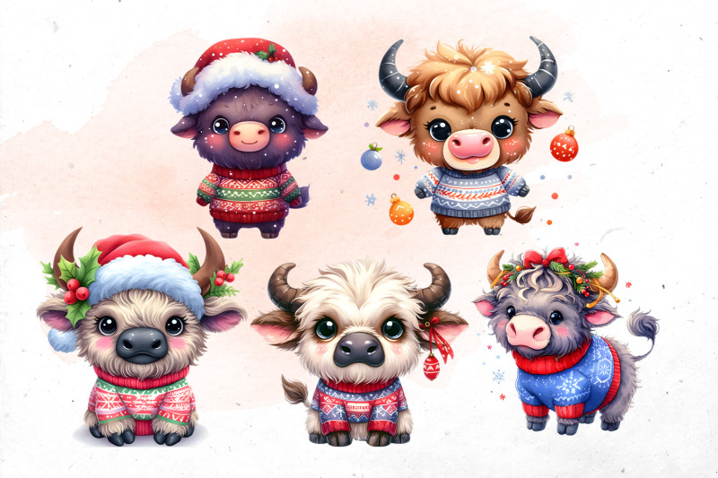 cute-watercolor-christmas-cows-bundle-png-cliparts