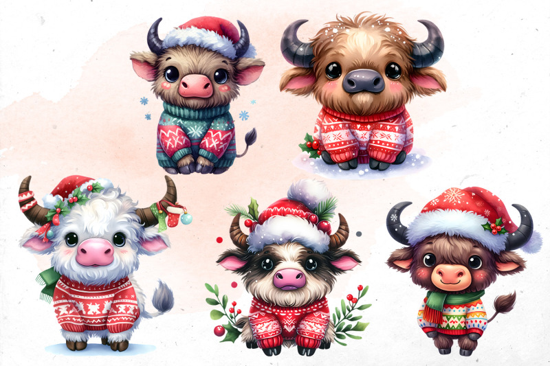 cute-watercolor-christmas-cows-bundle-png-cliparts