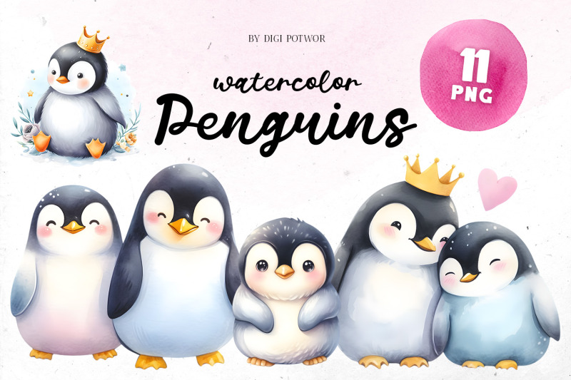 cute-watercolor-penguins-bundle-png-cliparts