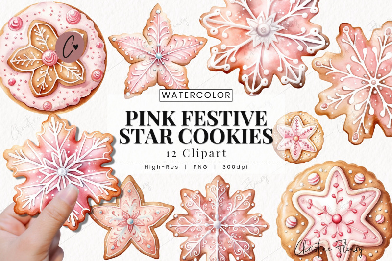 watercolor-pink-festive-star-cookies-png