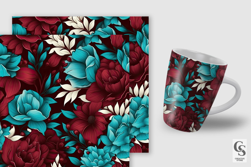 maroon-and-teal-flowers-seamless-patterns